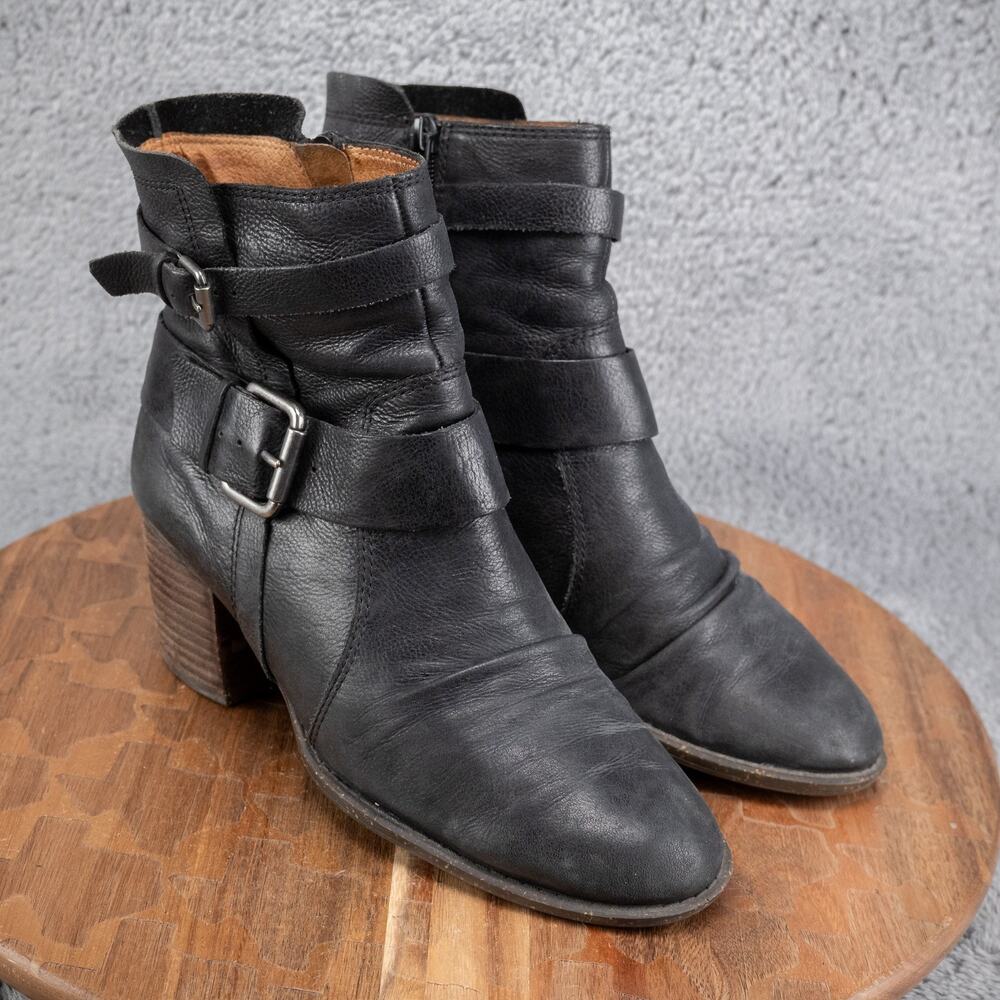 Naya Virtue Womens Moto Ankle Boots Size 7 M‎ Black Leather Block Heel Buckle